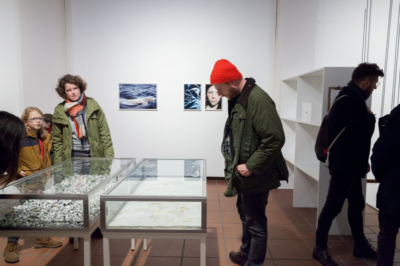 Visitors look at the exhibition. There are glass showcases in the room, photographs hang on the walls.
