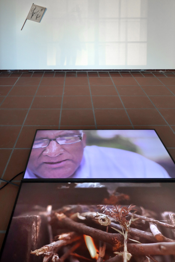 Zwei nah beieinander liegende Bildschirme liegen auf dem Boden. Der obere Bildschirm zeigt ein männliches Gesicht, der untere Bildschirm zeigt aufeinander gehäufte Stöckchen