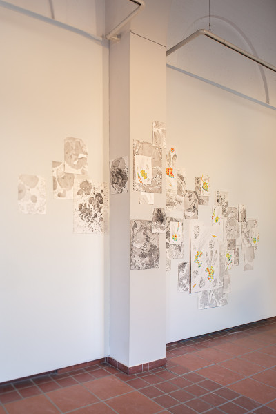 Gallery installation with approximately thirty drawings attached at varying heights on white walls, featuring abstract ink compositions with sparse yellow and orange accents.
