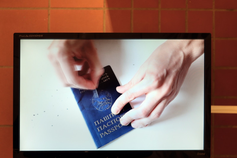 Deatil shot of the video work by Lesia Pcholka in collaboration with Uladzimir Hramovich, video with a passport.