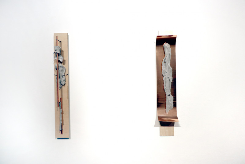 Mixed-media installation (3 parts); copper pipes, copper nails, copper sheet, aluminium profiles, nuts, threaded rods, ball joints, plywood, concrete, apple tree roots and engraving.