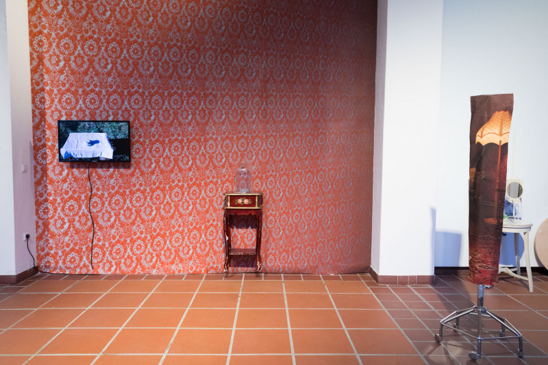 Kunstinstallation. an der Wand befindet sich rote Mustertapete, ein Fernseher, Komode mit Glashaube.