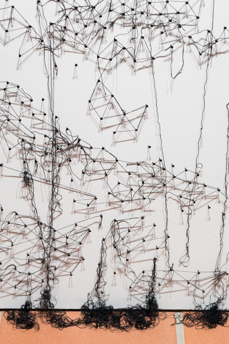 Close-up. The threads are stretched between the nails, on the canvas. The threads are partly hanging down.