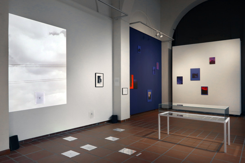 Eine schräge Raumansicht: links ist eine helle Wolkenprojektionen, davor sind Blätter auf dem Boden ausgelegt. Rechts befindet sich eine Vitrine, dahinter eine blaue Wand mit bunten Fotografien.