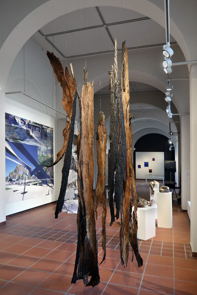 Von der Decke hängen verbrannte Baumrinden.