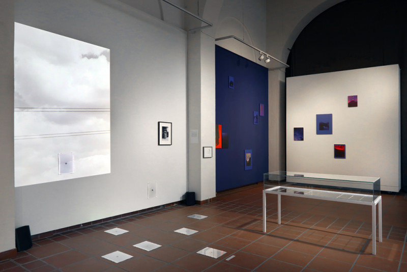 Eine schräge Raumansicht: links ist eine helle Wolkenprojektionen, davor sind Blätter auf dem Boden ausgelegt. Rechts befindet sich eine Vitrine, dahinter eine blaue Wand mit bunten Fotografien.