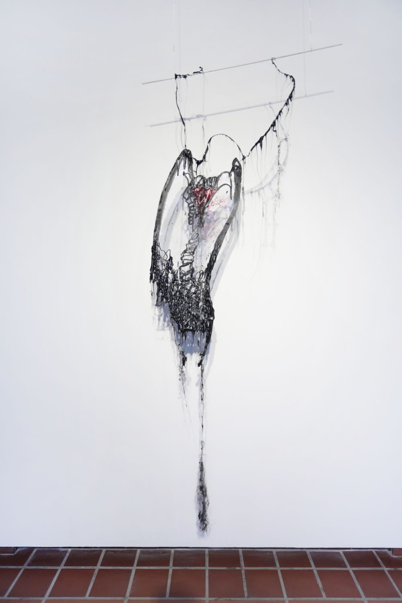 Hängendes Objekt aus organischem und unorganischem Material, das geschmolzen wirkt.