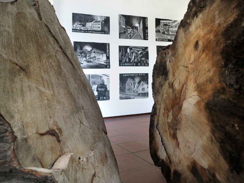 Installation view. Behind two large tree trunks, one sees black and white pictures on the wall.