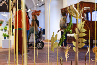 Andrea Acosta: Installation of found objects, brass rods and clamps; Anne Duk Hee Jordan: Site specific room installation, mixed media, video 21:20, scent, Sino-Indonesian Wedding Bed.