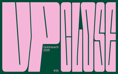 “Up Close - Goldrausch 2025” lettering in pink on a green background