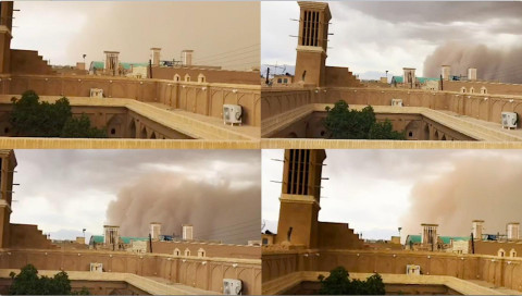 Vier Bilder eines aufkommenden Sandsturms über einer Festung