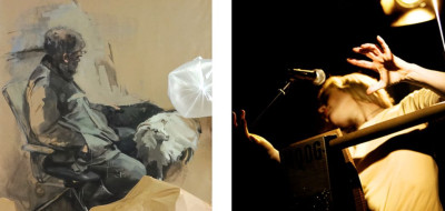 Zwei geteiltes Bild - auf der linken Seite ist eine Malerie eines alten Mannes im Stuhl auf der rechten seite ist eine Fotografie einer Frau beim Thereminspielen
