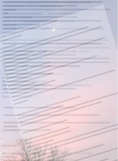 Against an evening sky, abstracted pages of paper and elongated, typed vowels can be seen.